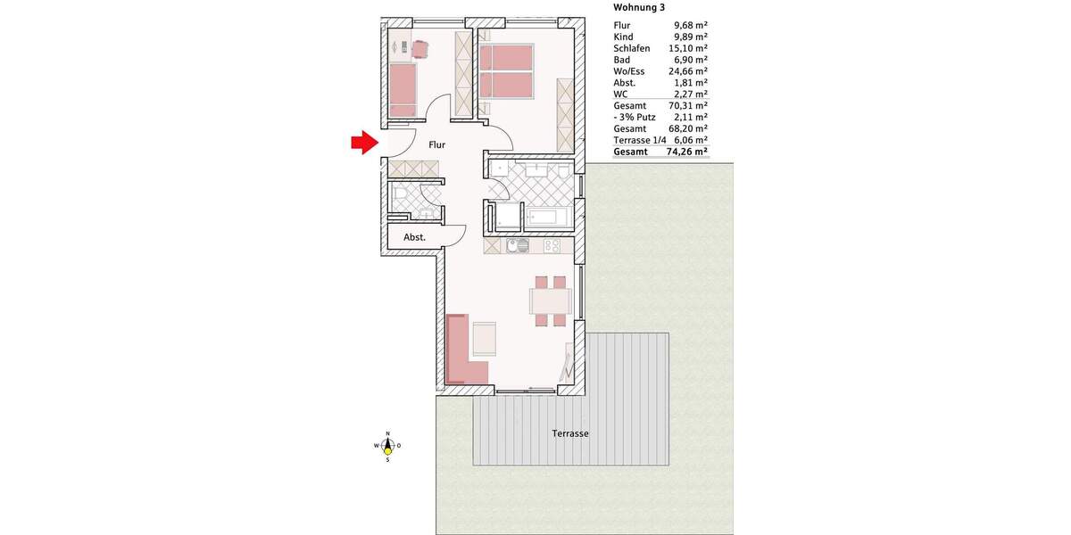Etagenwohnung Rosenheim Fürstätt - 3 Zimmer, 74 m&sup2;, 547.400&euro; | Angebot:25730434