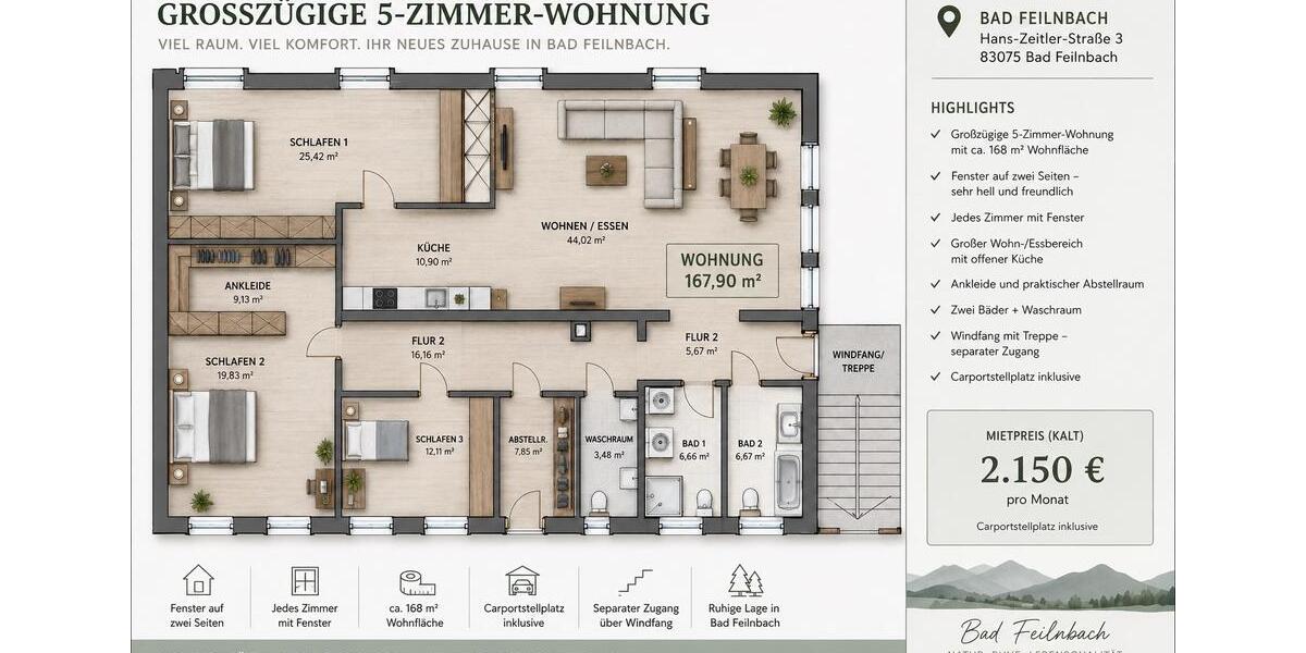 Etagenwohnung Bad Feilnbach - 5 Zimmer, 170 m&sup2;, 2.150&euro; | Angebot:26619215